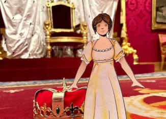 „Das Schlossmuseum Braunschweig bietet eine interaktive Ausstellung für Kinder. Im Bild ist die Papierfigur eines Kindes in einem historischen Kleid vor einem prächtigen Thron und einer goldenen Krone zu sehen. Die Ausstellung lädt Kinder ein, die Geschichte spielerisch zu entdecken.“